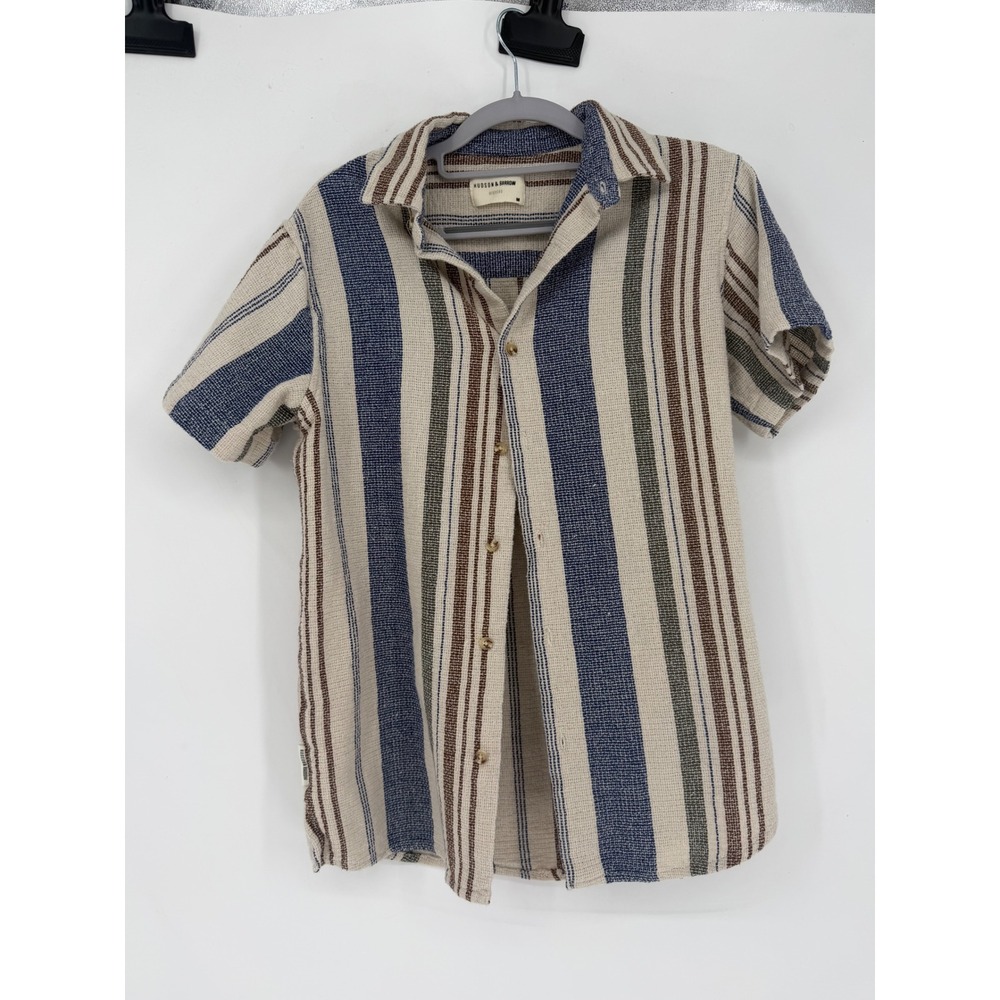 Hudson & Barrow Button Down Mens M Cream Blue Stripe Excellent Textured Cotton